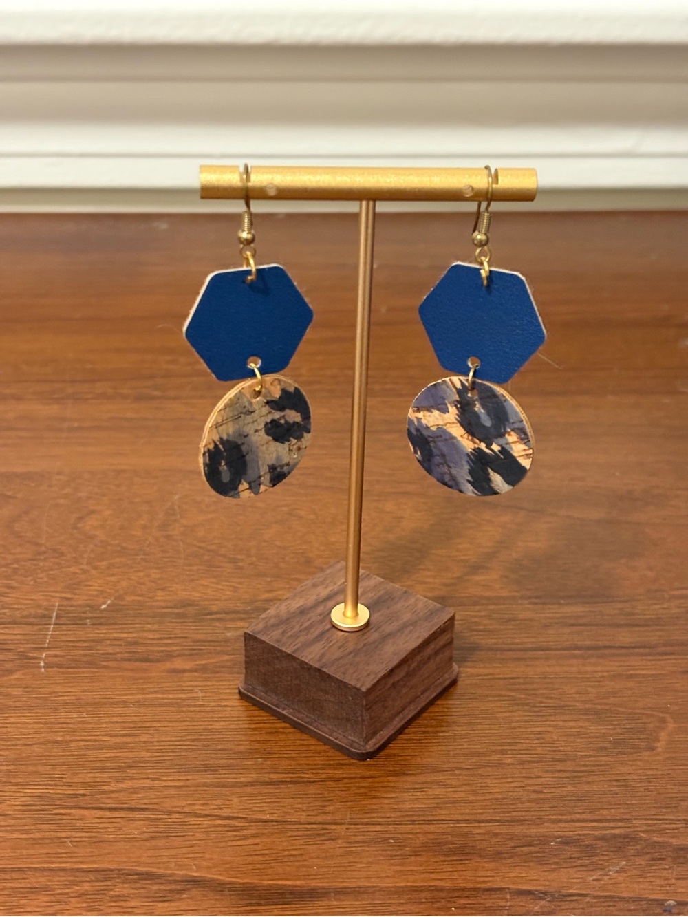 Blue Hex & Patterned Round Drop Earrings